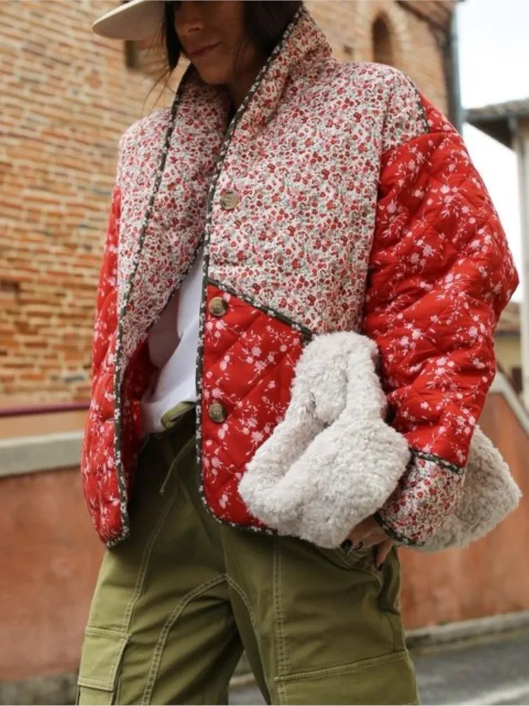 Abrigo Vintage de Algodón con Estampado Floral – Corte Holgado, Estilo Retro de Invierno