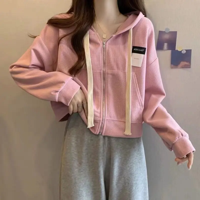 Yasuk Spring Autumn Casual T-Shirts Women's Loose Zipper Cardigan Sporty Solid Simple Versatile Drawstring Hoodie