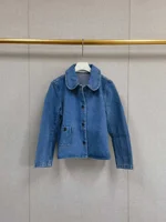 Early Autumn 2024 Women Solid Color Denim Jacket Single Breasted Fashion Cotton Pleated Female Peter Pan Collar Short Coat 1