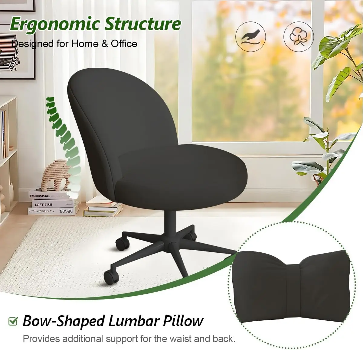 Desk Chair with Pillow, Adjustable Height Armless Office Chair Soft Upholstery Makeup Chairs Modern Accent Vanity Chair