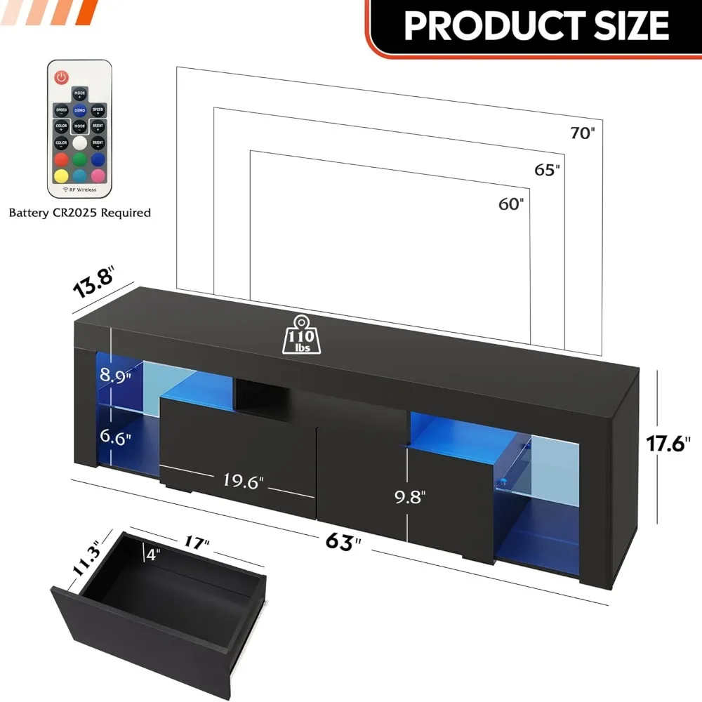 LED Entertainment Center for TV, Modern TV Console with 2 Drawers, TV Stands for Living Room 4