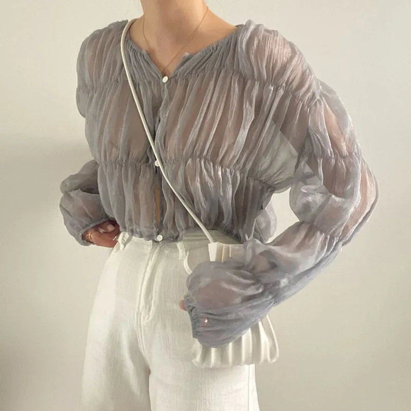 Korean Fashion Pleated Casual Blouse Women Summer New Loose Folds Perspective Chiffon Shirt Long Sleeve Tops Blusas Mujer 15624