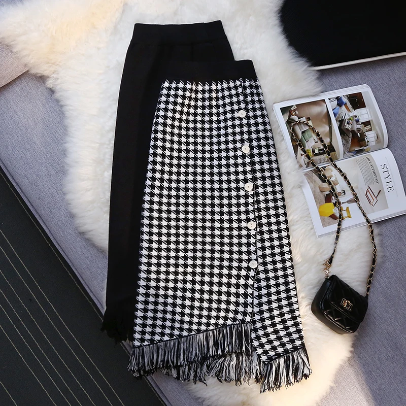 Fashion Knitted Tassel Skirts Women 2021 Autumn Winter New Black High Waist Wraps Wool Houndstooth Skirt Female men s brand pure color wool sweater 2021 new men s autumn and winter fashion business casual knitted pullover bottoming shirt
