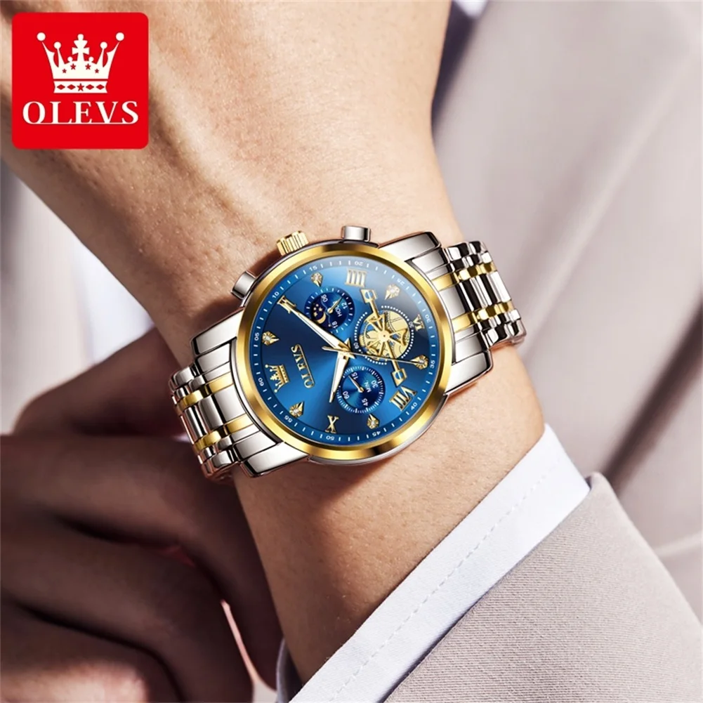OLEVS 2856 Quartz Men's Watch Waterproof Luminous Original Dress Watch For Men Moon Phase Stainless Steel Business Wristwatch
