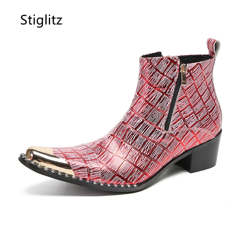 

Red Green Leather Ankle Boots for Men Wedding Shoes Metal Toe Side Zipper Med Heels Safety Shoes Man for Work Hard-Wearing