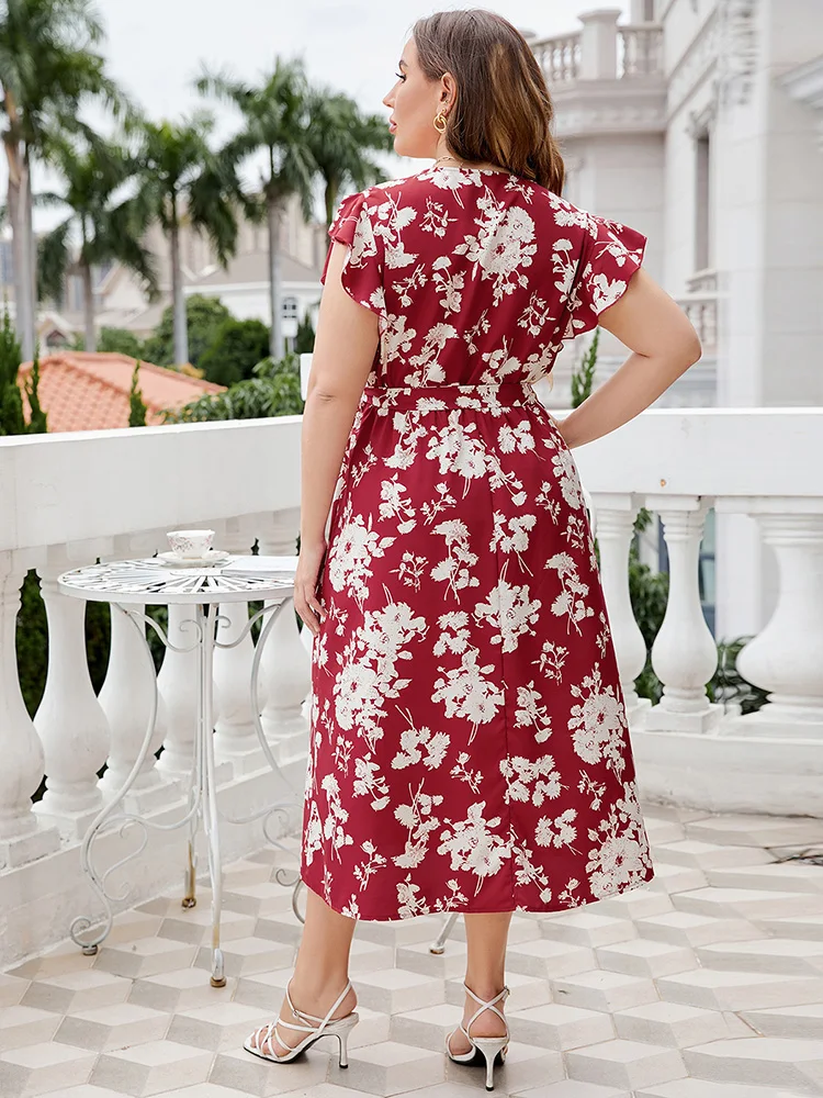 Cheap Women Casual Elegant Plus Size Midi Dresses 2023 New Summer V-Neck Short Sleeve Belted Ruffled Floral Print Boho Clothing