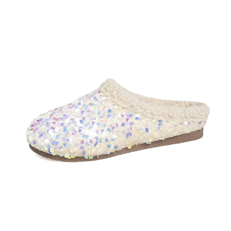 2026 Winter Sequined Cotton Slippers Fashionable, Beautiful with Unique Style Comfortable and Casual Flat Shoes for Women
