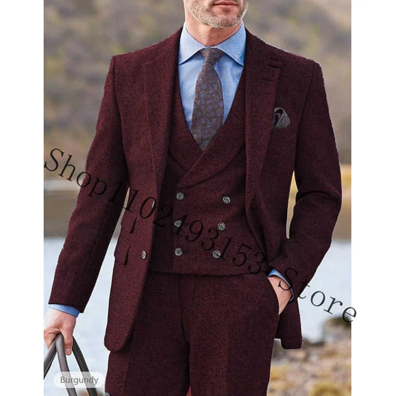 Herringbone Suit Men 3 Pieces Formal Business Tweed Tuxedos Tailor-made Wedding Male Suits Jacket Vest Pants Trajes De Hombre