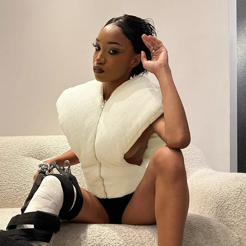 

Solid Hollow Padded Cotton Vest for Women Autumn Winter Sexy V Neck Sleeveless Zipper Hipster Tank Tops Trends Casual Streetwear