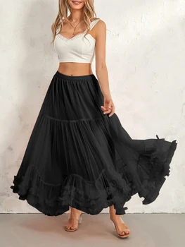 Women’s Tulle Long Skirts Elastic High Waist Ruffle Hem Tutu Skirts Fluffy A-line Midi Skirts 3