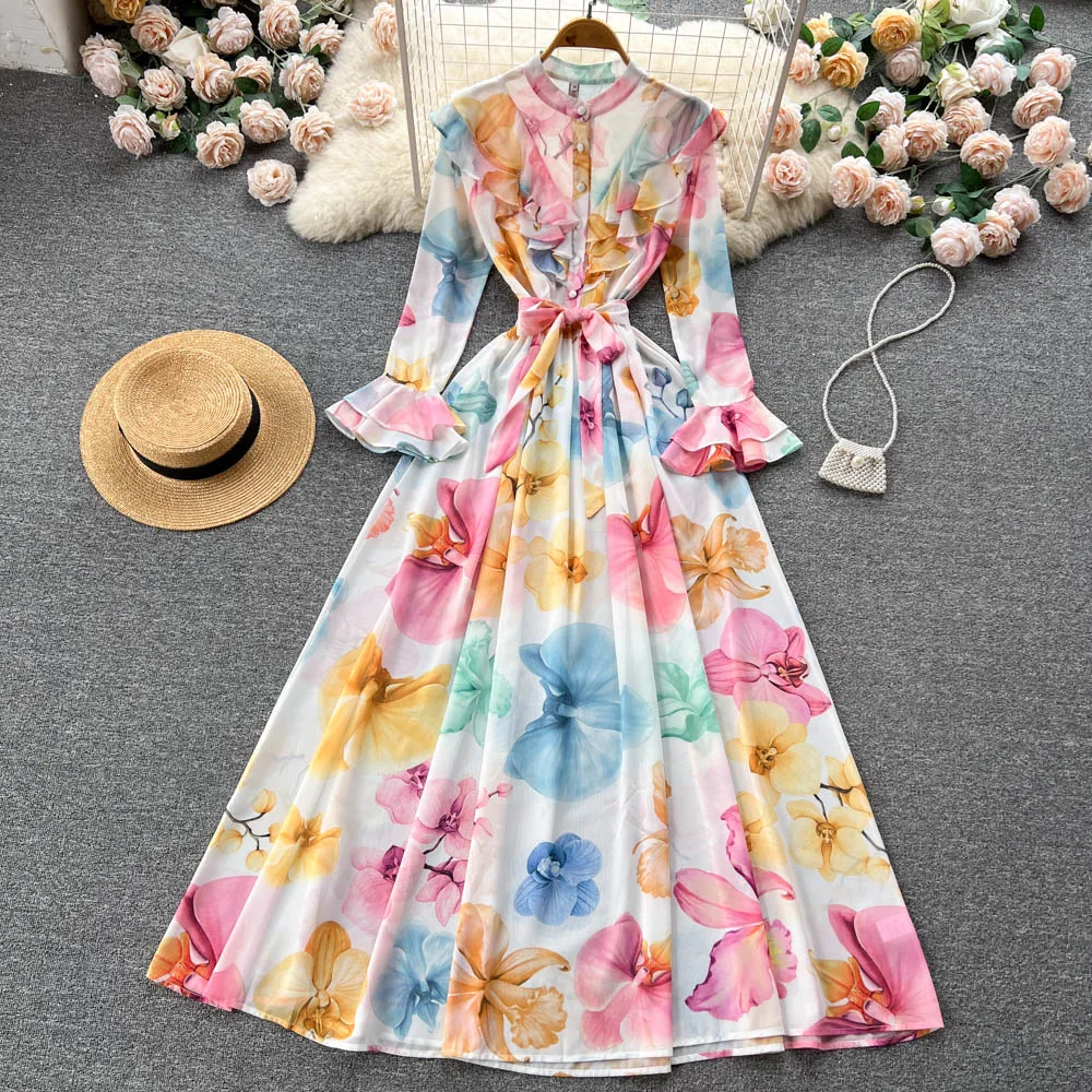 

Runway Fashion Floral Print Ruffles Long Chiffon Dress Women 2023 Spring Summer Flare Sleeve Sashes Holiday Party Vestidos