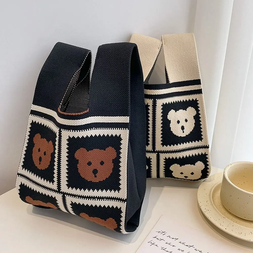 

Fashion Portable Knot Wrist Bag Cute Simple Knitted Bag Weave Bear Tote Bag Student Travel Purses Handbag Girl Shopping Bags