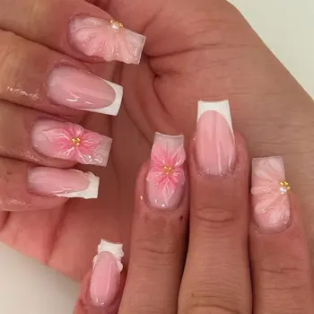 24 pezzi di gelnail tridimensionale quadrato lungo 3D rende le unghie dei fiori con la perla decora il design bianco francese acrilico stampa sulle unghie