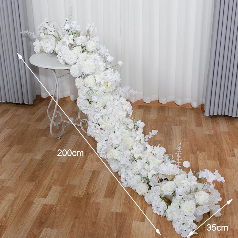

200cm Flower Row Arch White Rose Hydrangea Flower Artificial Green Plants Row Runner Wedding Backdrop Floral Wall Party Props