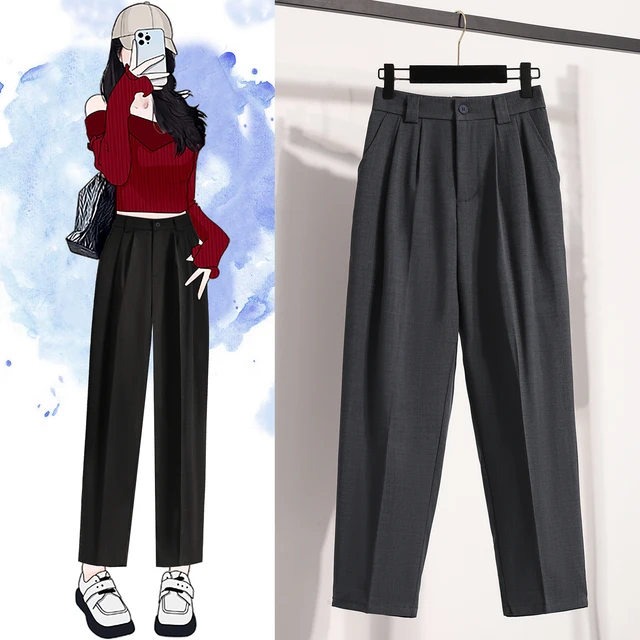 Pantalons grande taille pour femmes printemps été 2025 nouvelle mode coréenne taille haute costume pantalon femmes gris ou noir pantalon décontracté femme 4