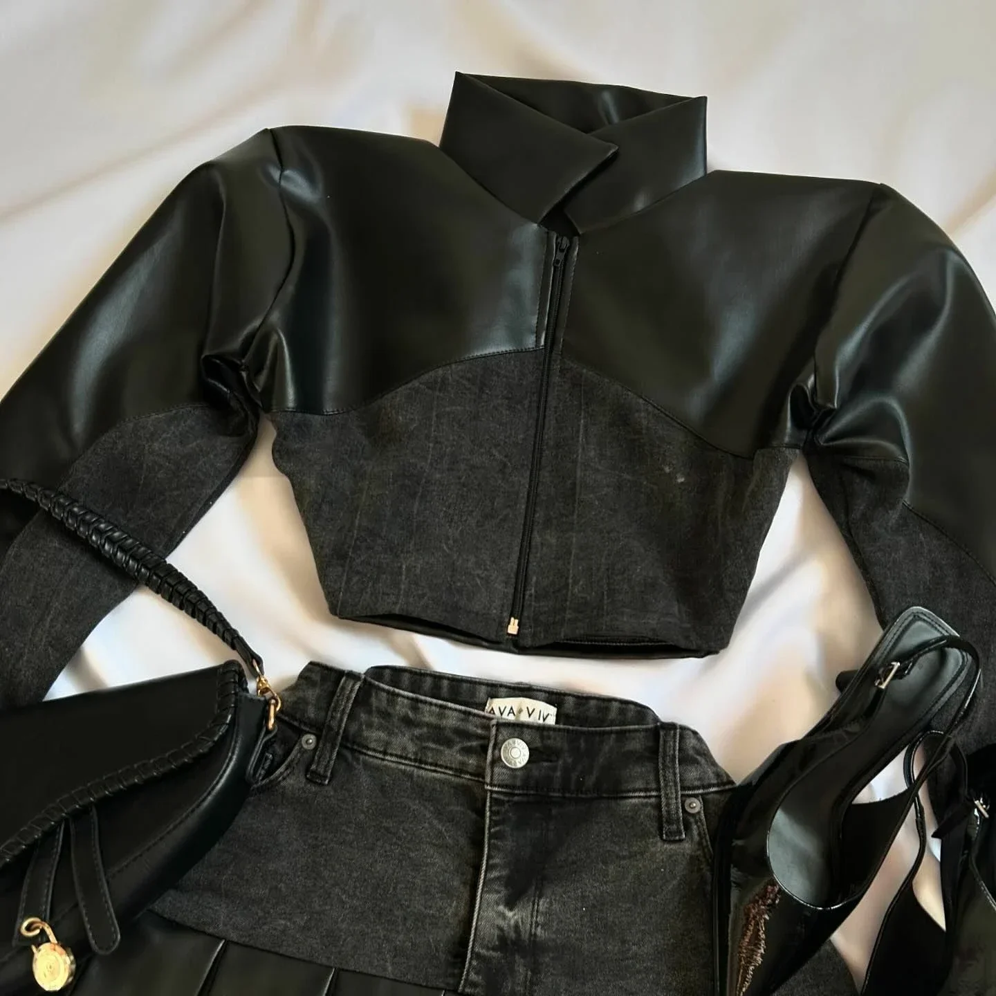 Y2K Black Leather Spliced Denim Two Piece Set Women Harajuku