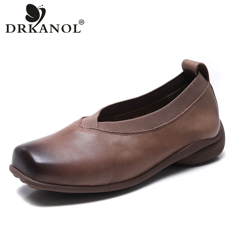 

DRKANOL 2024 Luxury Design Loafers Women Slip On Thick Heel Casual Shoes Genuine Leather Square Toe Soft Comfort Women Shoes