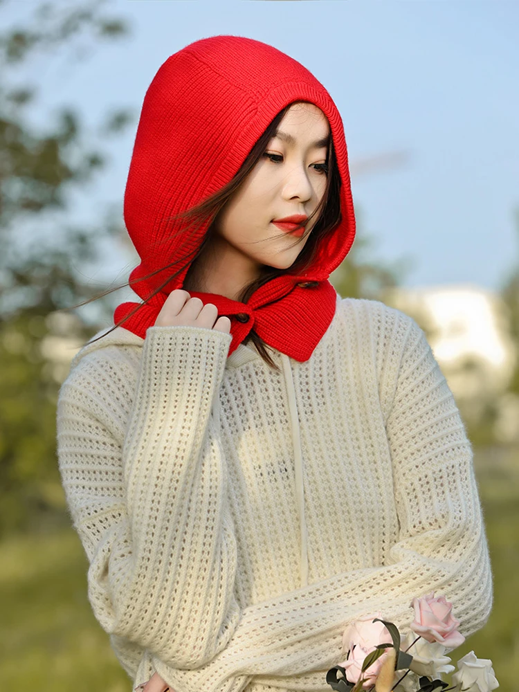 Knitted Balaclava Hat Thick Autumn Winter Soft Hood 2 Buttons Scarf Elegant Beanies Women Men Neck Warm Unisex Headgear Cap 3