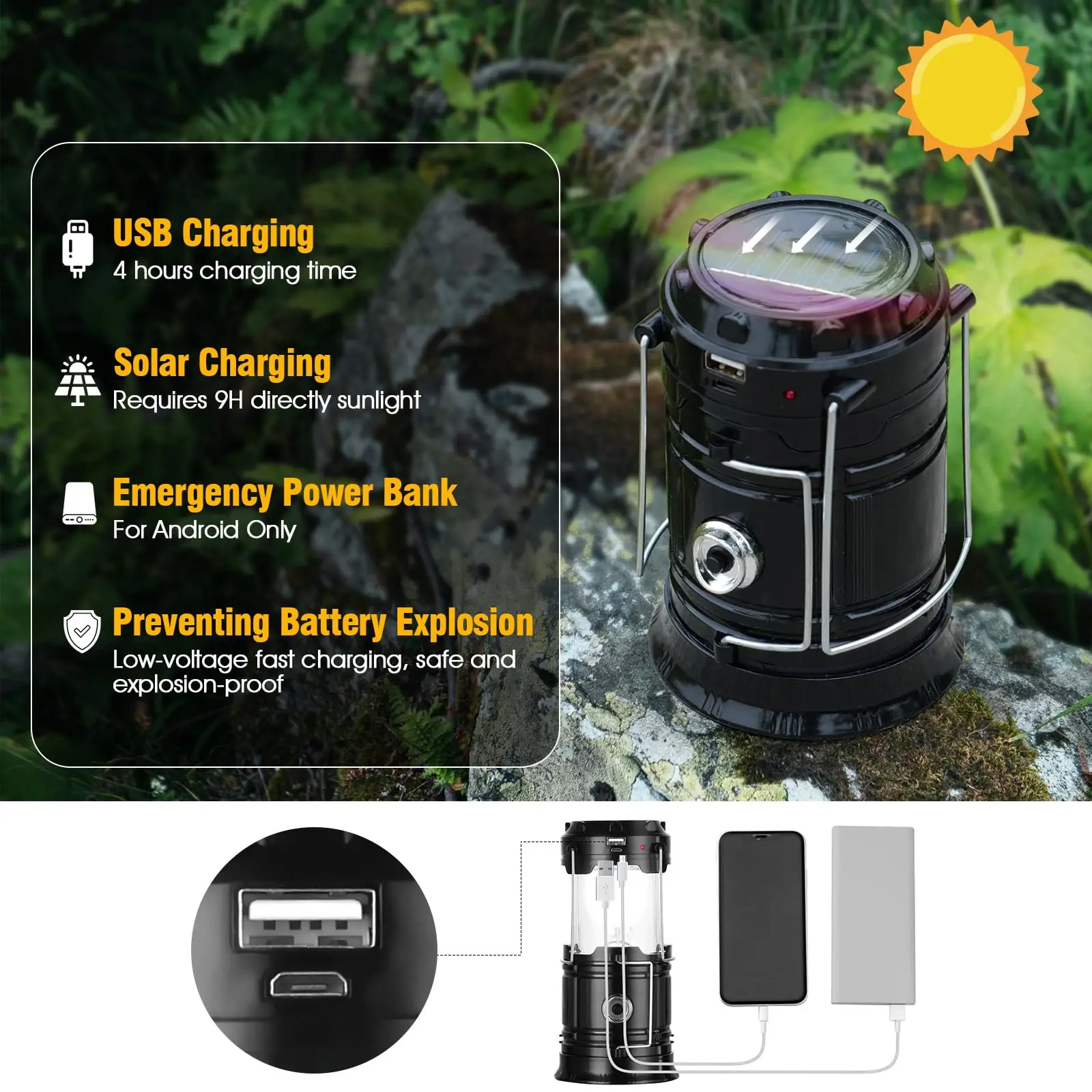 1/4pc Solar Camping Lantern USB Rechargeable Lamp Power Bank Portable Waterproof Solar Lights for Indoor Outdoor Emergency Light Camping Lantern