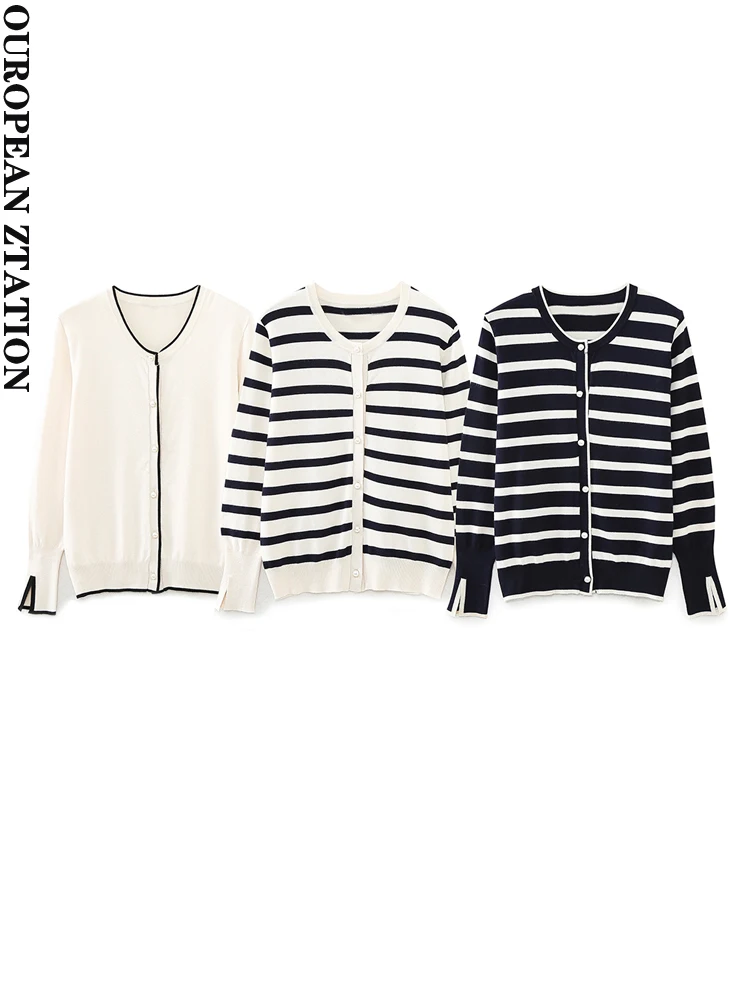 

Модный женский вязаный кардиган PAILETE в полоску с пуговицами, винтажный свитер с круглым вырезом и длинным рукавом, женская верхняя одежда, шикарные топы, 2023