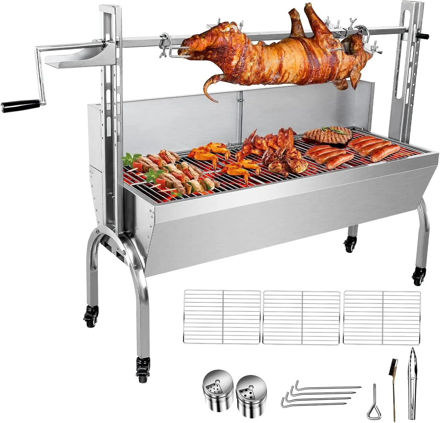Steel Rotisserie Grill with Wind Deflector, 25W Motor Small Pig Whole Lamb Rotisserie Roaster, 80kg BBQ Charcoal Rotis