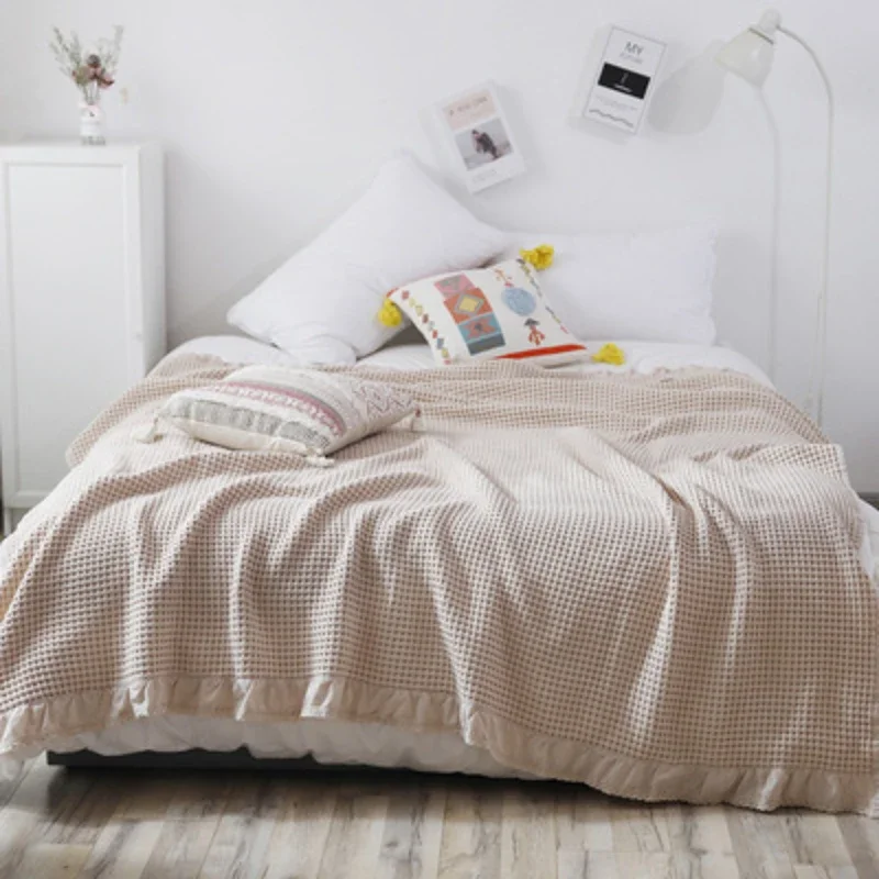 

100% Cotton Soft Bed Plaid Home Japenese Knitted Blanket Corn Grain Waffle Embossed Summer Ruffles Warm Plaid Throw Bedspread