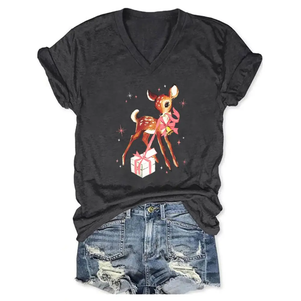 

Rheaclots Women's Reindeer Pink Christmas Printed V-neck Short Sleeve T-Shirt