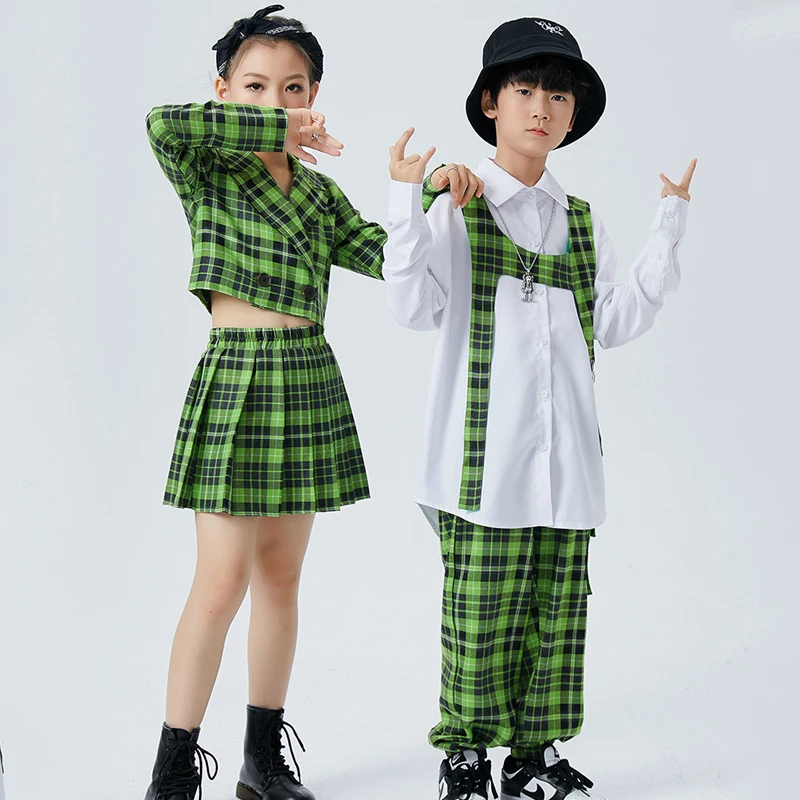 

Children'S Hip-Hop Dance Costumes For Kids Green Plaid Suit Boys Loose Jazz Dance Practice Clothes Performance Outfits DQS11349