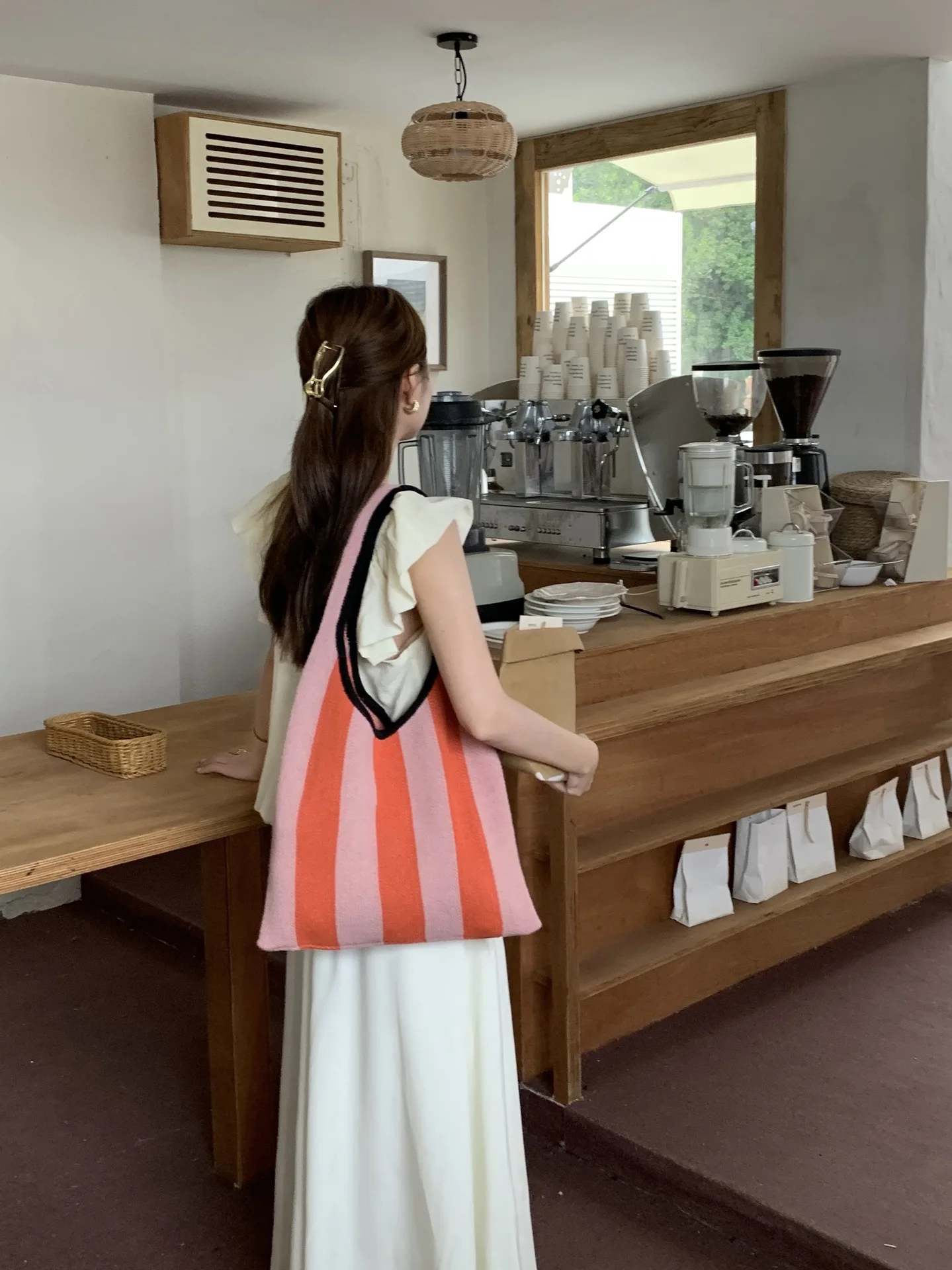 New Wide Stripe Knitted Handbag Female Large Capacity Totes Japanese Women'S Pack Summer Beach Bag Hollow Woven Shoulder Bags