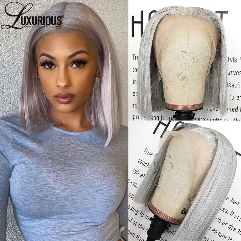 

13×4 Straight Silver Grey Bob Wig For Black Women Pre Plucked HD Transparent Lace Frontal Wig Brazilian Virgin Human Hair Wigs