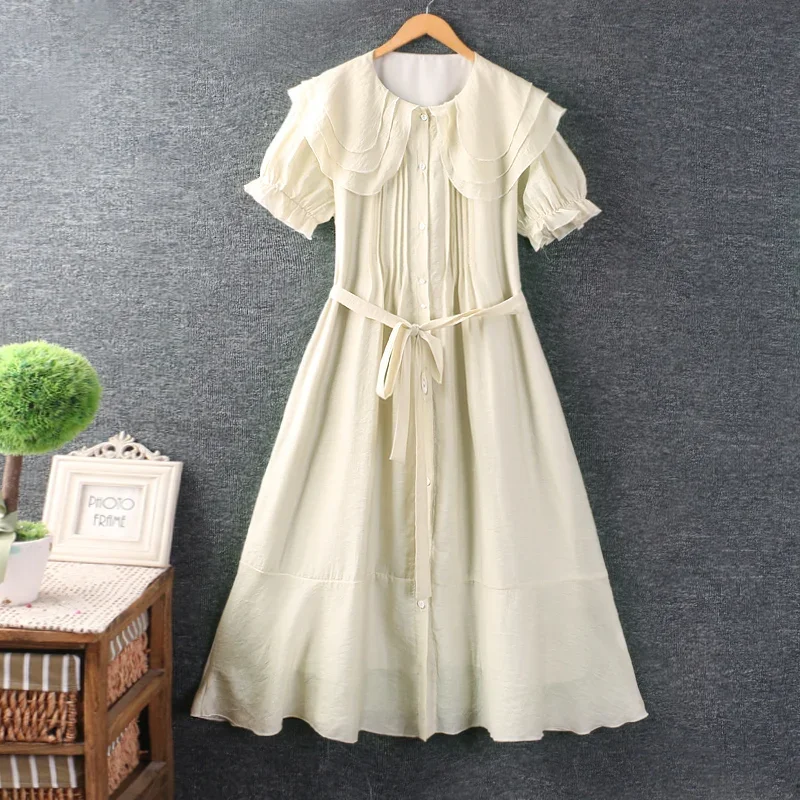 Summer Mori Girl Kawaii Peter Pan Collar Dress Women Short Sleeve Belt Waist Cotton Casual Loose Dresses