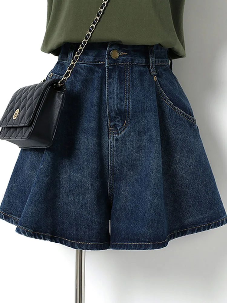 

Summer Loose Wide-legged Denim Shorts for Women Dark Blue High Waisted A-line Hot Pants biker shorts women jean fashion