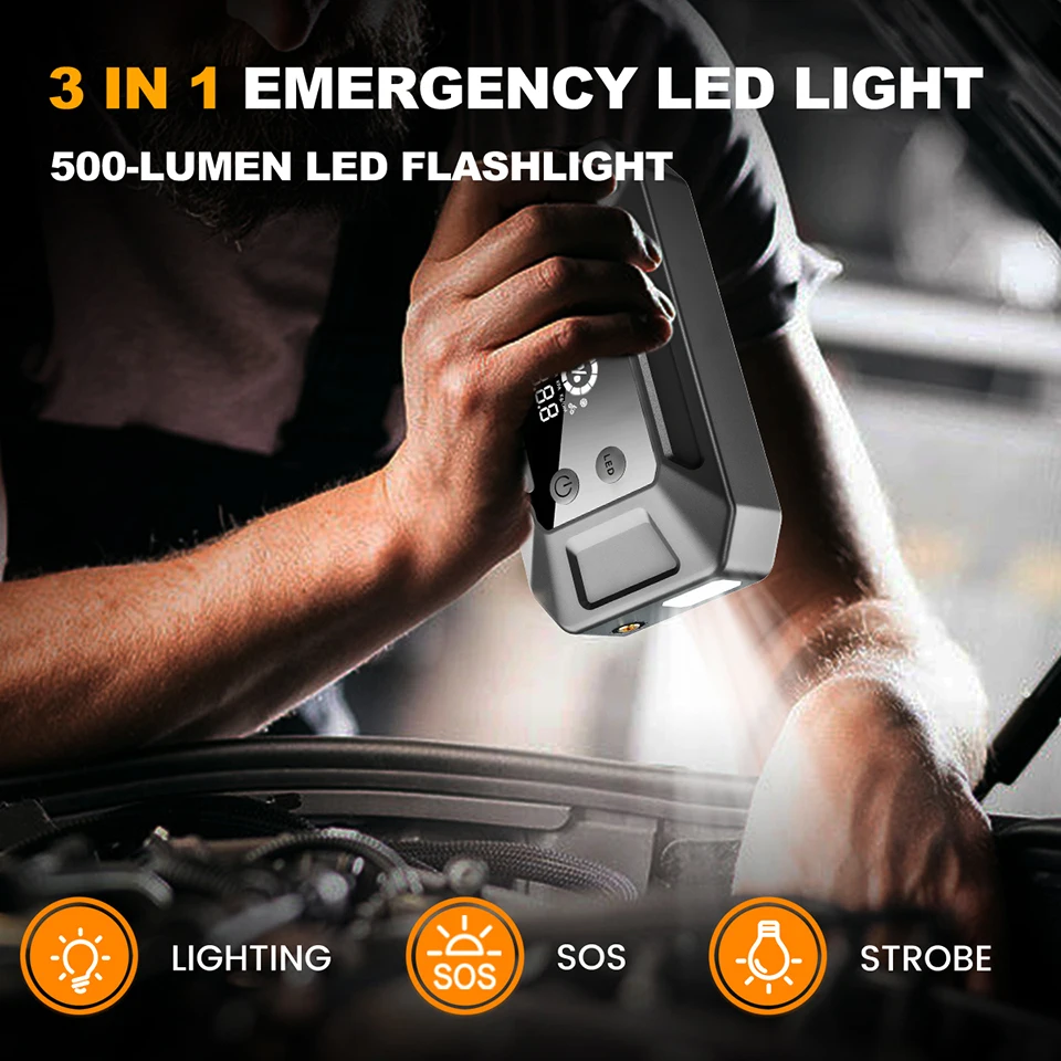 E-ACE150 PSI Fast Emergency Power Bank Car Clip Auto Igniter Jump Starter Tire Inflator Air Compressor USB Rechargeable