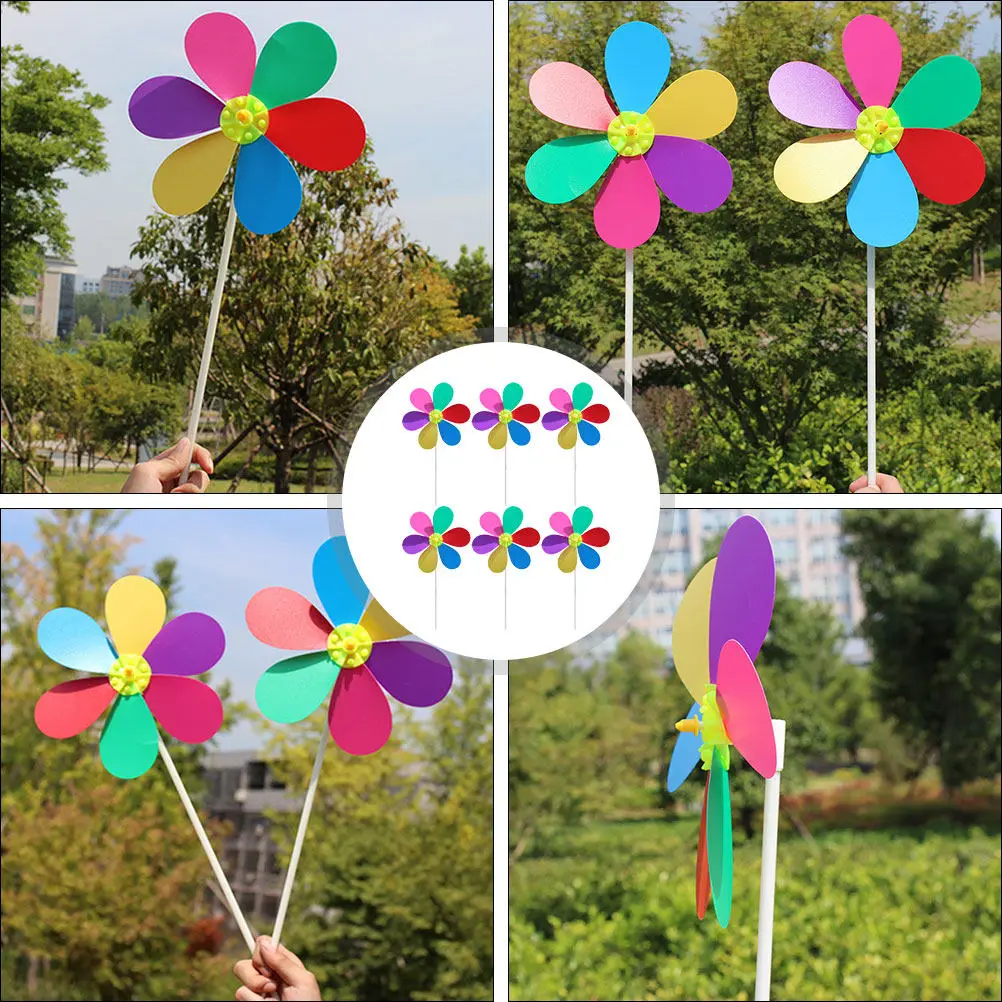 6Pcs 여섯 잎 바람개비 다채로운 바람개비 야외 장식 정원 장식 플라스틱 바람 잔디 장식