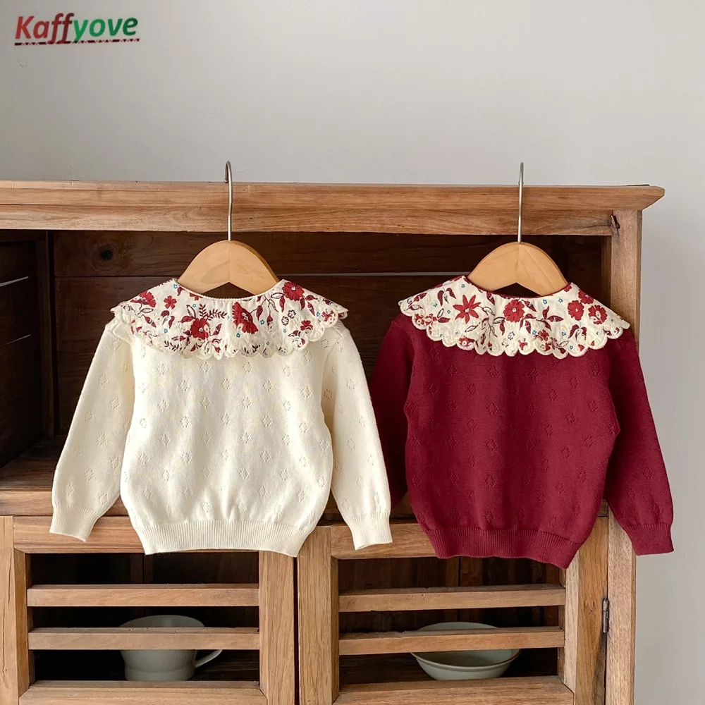 2026 가을 프랑스 스타일  여자아이 레이스 칼라 셔츠 니트 풀오버 스웨터 용 긴팔 상의  캐주얼 1-4세 스웨터