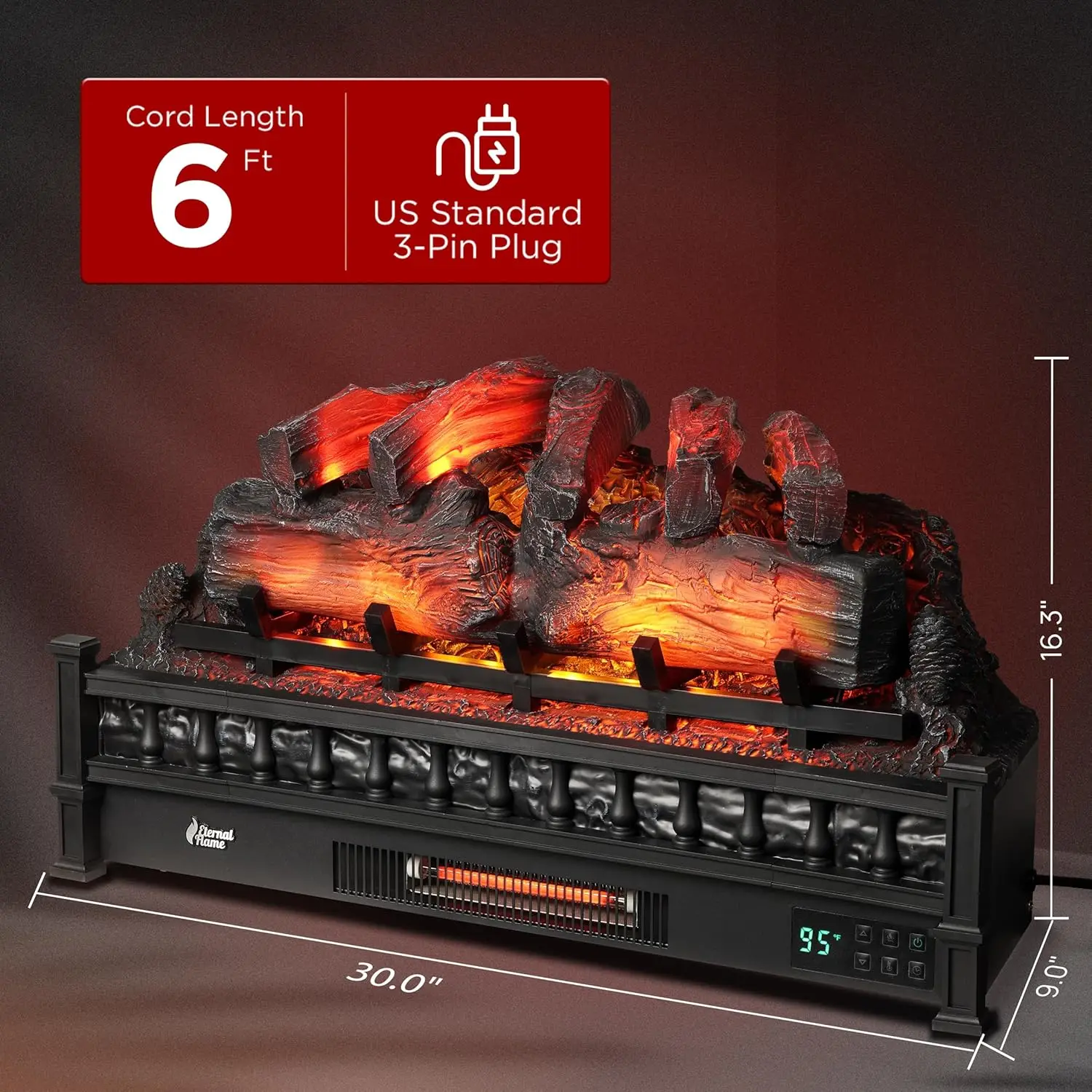Eternal Flame 30 in. WiFi Infrared Quartz Electric Fireplace Log Heater with Sound Crackling, Realistic Pinewood Logs