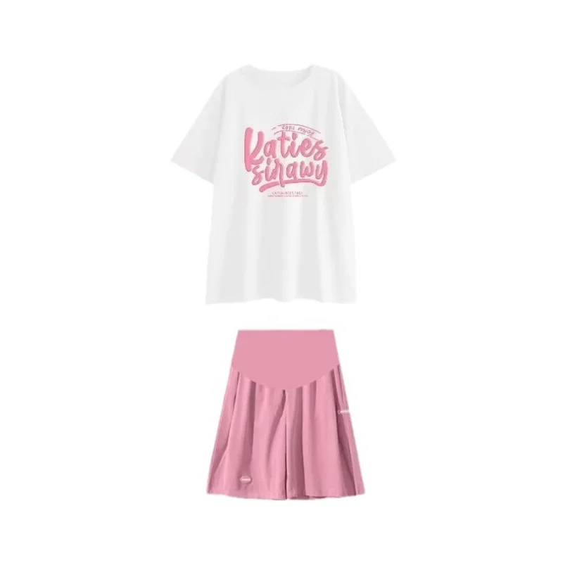 Summer Thin Maternity Suit Short Sleeve Maternity T-Shirt over Shorts Ice Silk Plus Fat Size T-Shirt