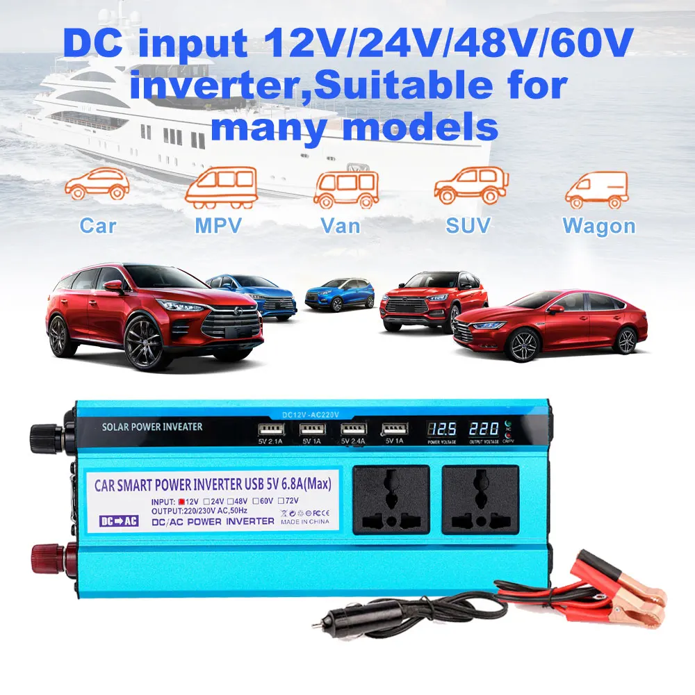 

1200W 4 USB Solar Power Car Inverter Inverter DC 12V 24V 48V To AC 220V Power Voltage Convertor Transformer Double LCD Display