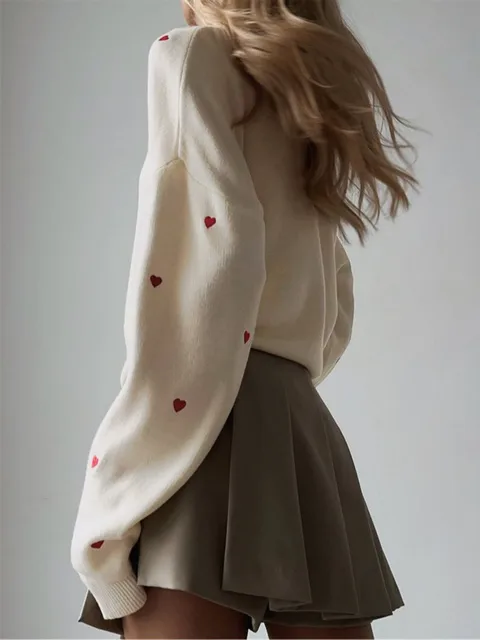 Women's Cream Red Heart Embroidered Oversized Knit Sweater Crew Neck Long Sleeve Casual Pullover Fashion Comfortable Top 2
