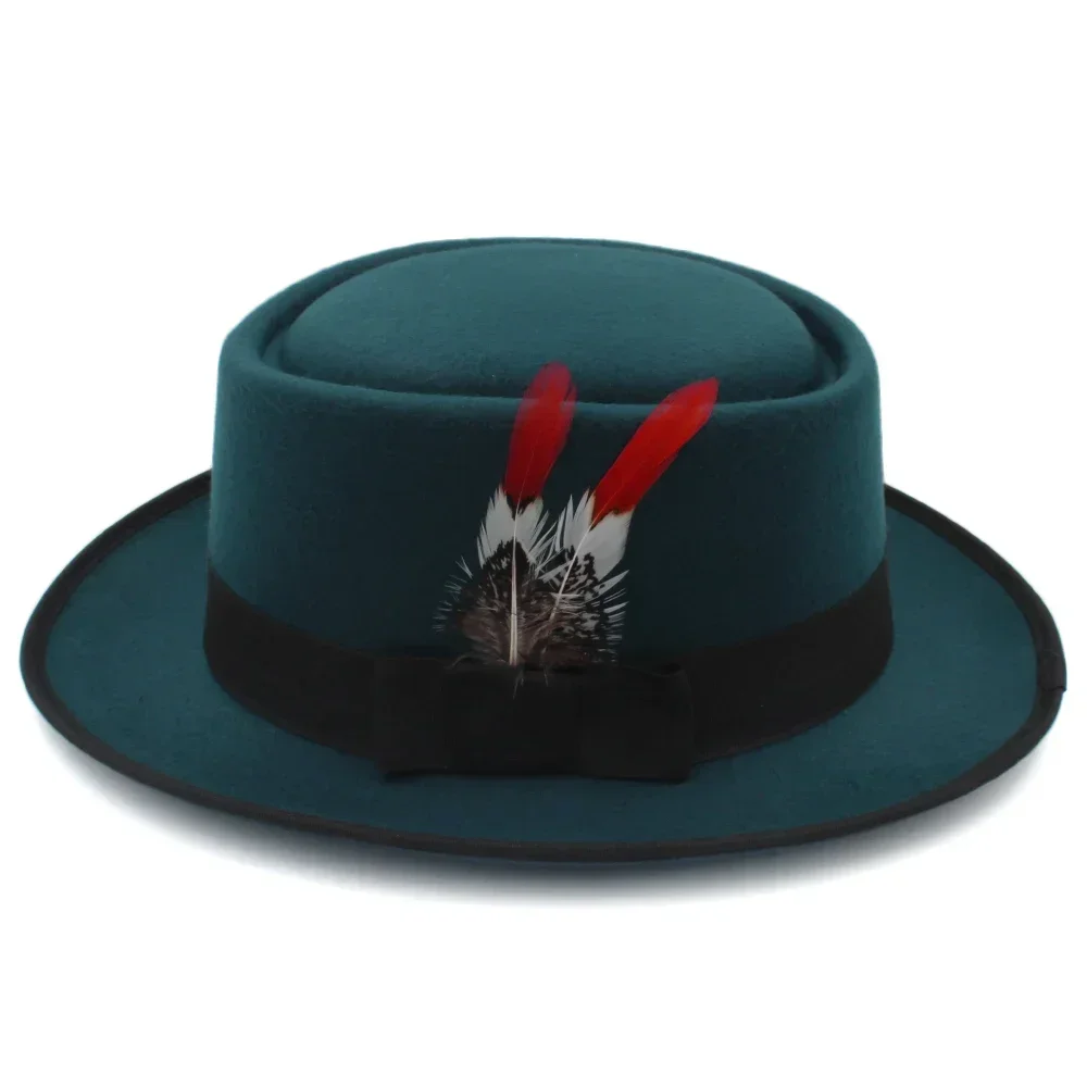 Männer Frauen Woolen Feather Band Pork Pie Hüte Retro Fedora Trilby Sonnenhut Street Style Caps Party Reisen Outdoor Größe US 7 1/4 UK L – Detail 18