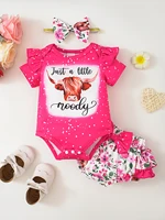 Cute Casual Floral Butterfly Headband Short-Sleeve Romper and Triangle Shorts 3-Piece Set for Babies and Toddlers