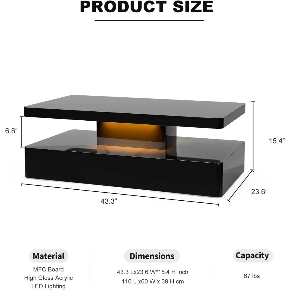 Coffee Table, Coffee Table for Living Room, Contemporary Rectangle Design Coffee Table with 16 Colors LED Lights, Coffee Tables 2