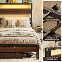 Twin Bed Frame with Storage Headboard and Charging Station, Walnut Platform Bed Frame with LED Light, Non-Slip Metal,Brown 4