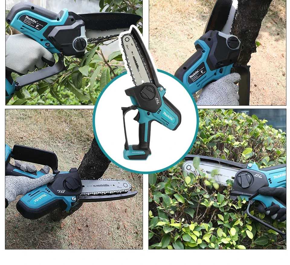 Close-up of Makita cordless chainsaw showing detailed components