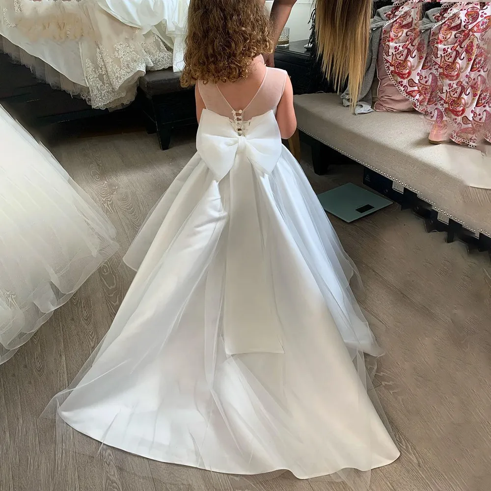 Simple Child Flower Girl Dresses for Weddings Satin A-line Tulle Bow Long Bridesmaid Pageant Robe First Communion Gown