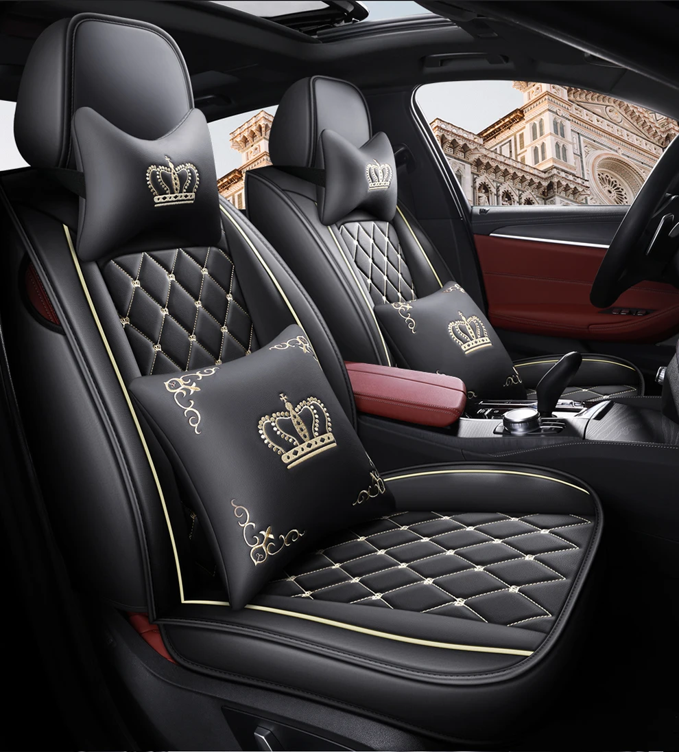 Deluxe-PU-Leder-Kronenstickerei, 5-Sitzer-Vollautositzbezug + 4 Stück passendes Kissen, schützt den Autositz, bequem – Detail 15