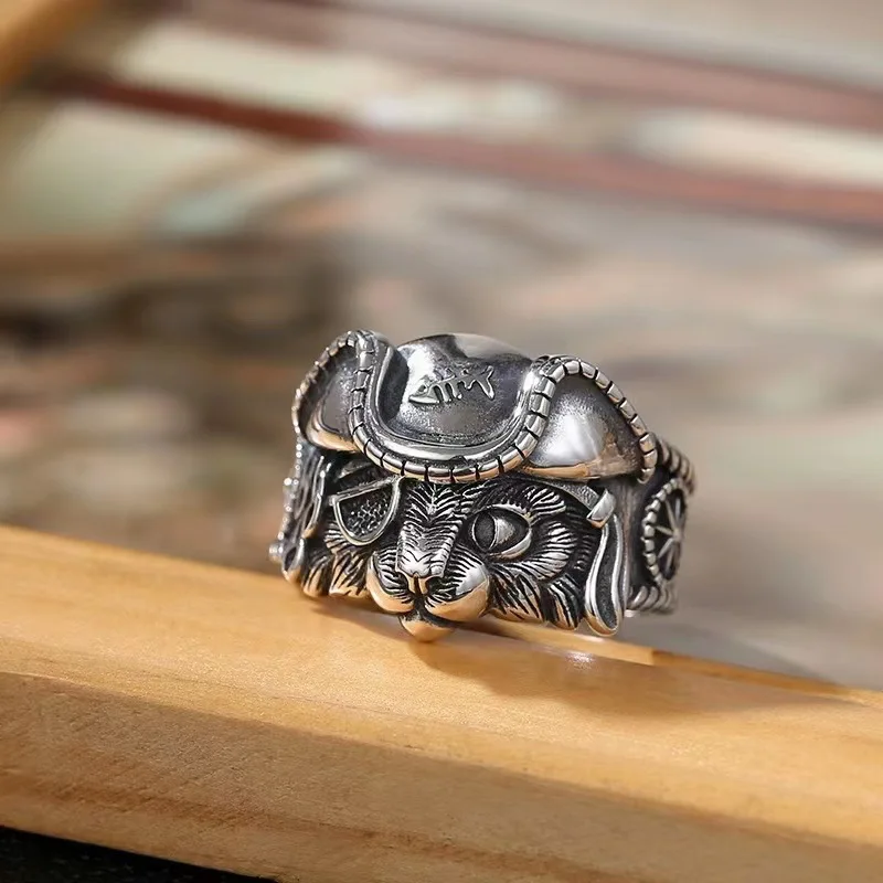 Uomo Pirate Stray Cat Ring Vintage Thai Silver Personality Wide One-Eyed Cat Regolabile Punk Rock Hip Hop Accessori Per Gioielli