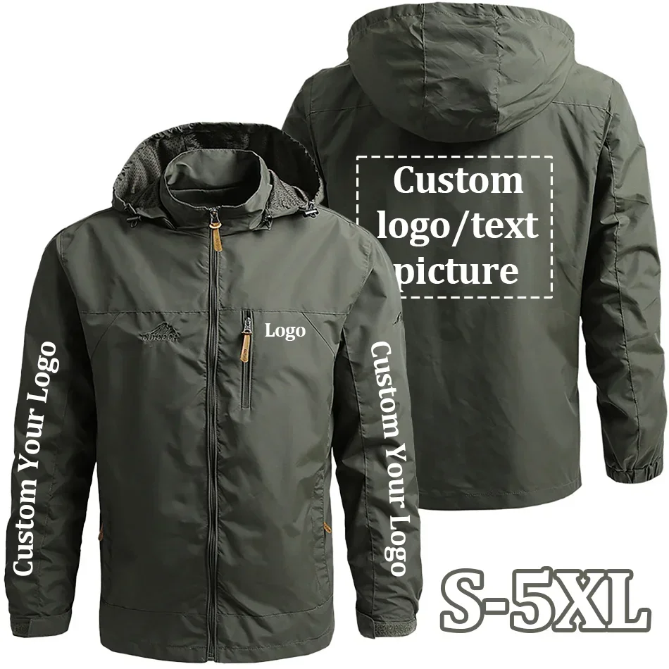 

Custom Logo Men's Jacket Zipper Hooded Windbreaker Military Tactical Spring Autumn Streetwear DIY Design Outerwear Male Coat