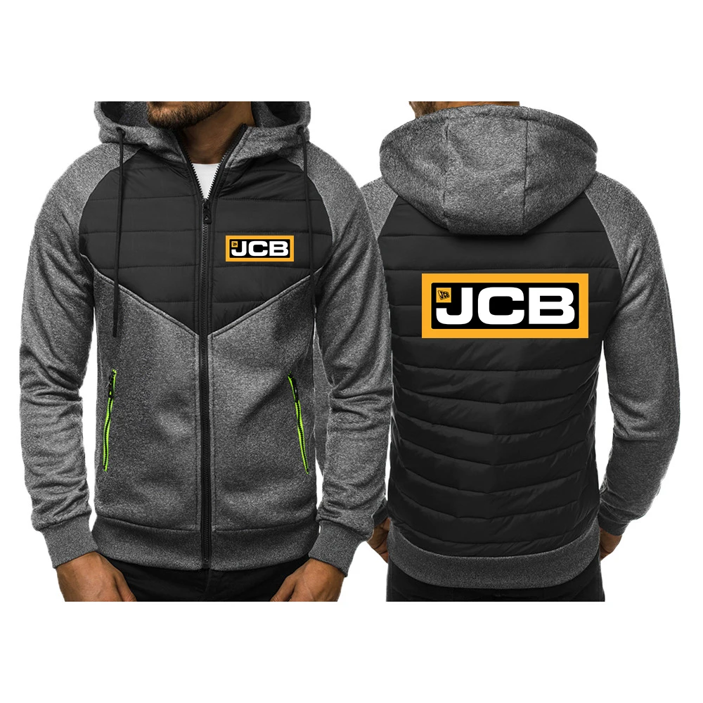 

2023 Excavator Jcb Print New Tricolor Hooded Jacket Spring and Autumn Men Casual Slim Patchwork Zipper Coat Long Sleeve