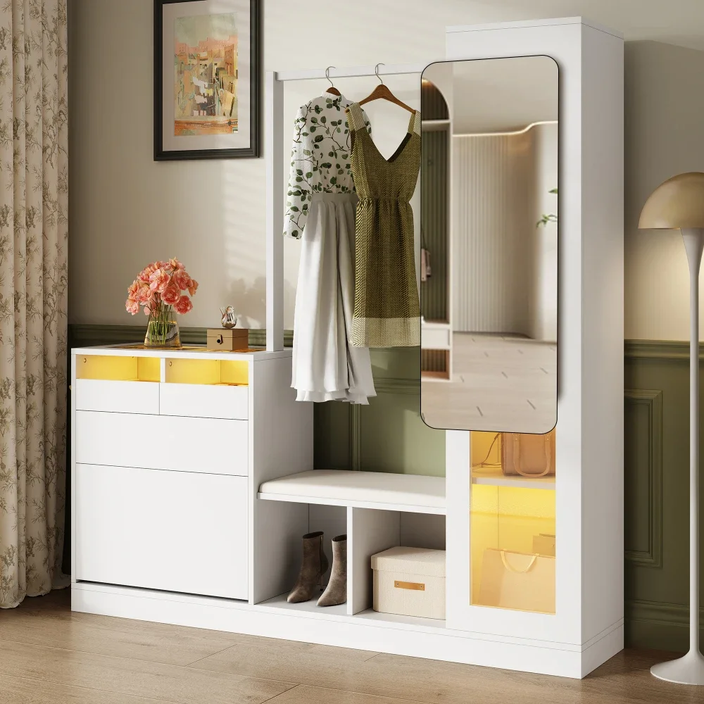 6-in-1-Multifunktions-Kleiderschrank-Set – Friseurtisch, Schuhbank, Klappschrank und Glasvitrine mit LED, praktischer Aufbewahrung zu Hause – Detail 13